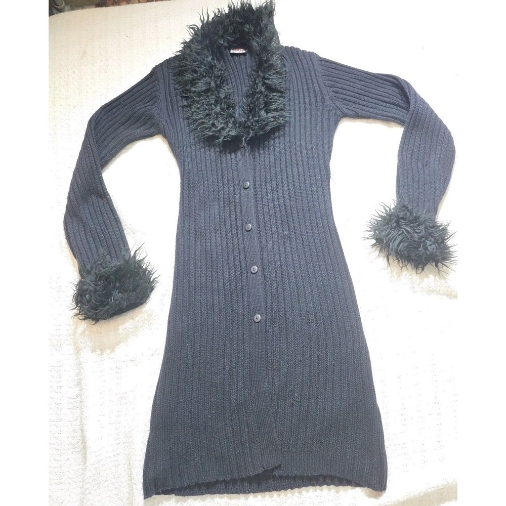 Vintage Y2k Smooches Faux Fur Trim Long Knit Cardigan Cozy Whimsigoth‎